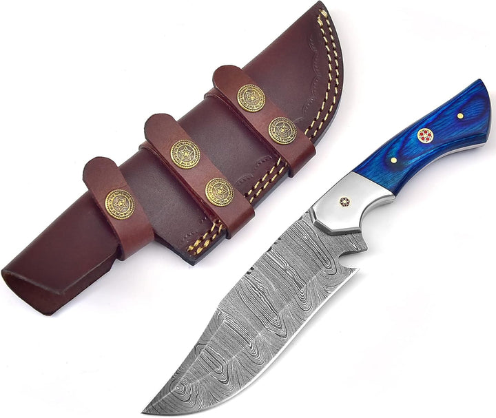 Survival Damascus Knife 9.8" | Blue Wood Handle | Gift for Men