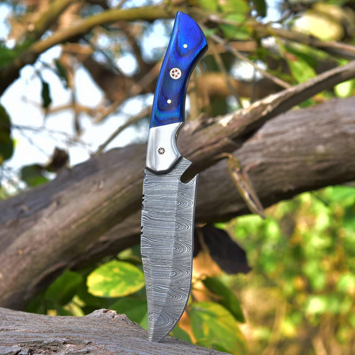 Survival Damascus Knife 9.8" | Blue Wood Handle | Gift for Men