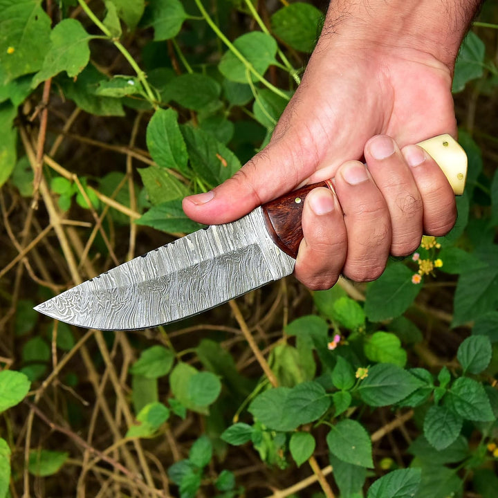9" Damascus Hunting Knife | Camel Bone and Wood Handle