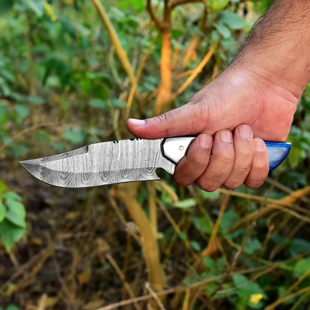 Survival Damascus Knife 9.8" | Blue Wood Handle | Gift for Men
