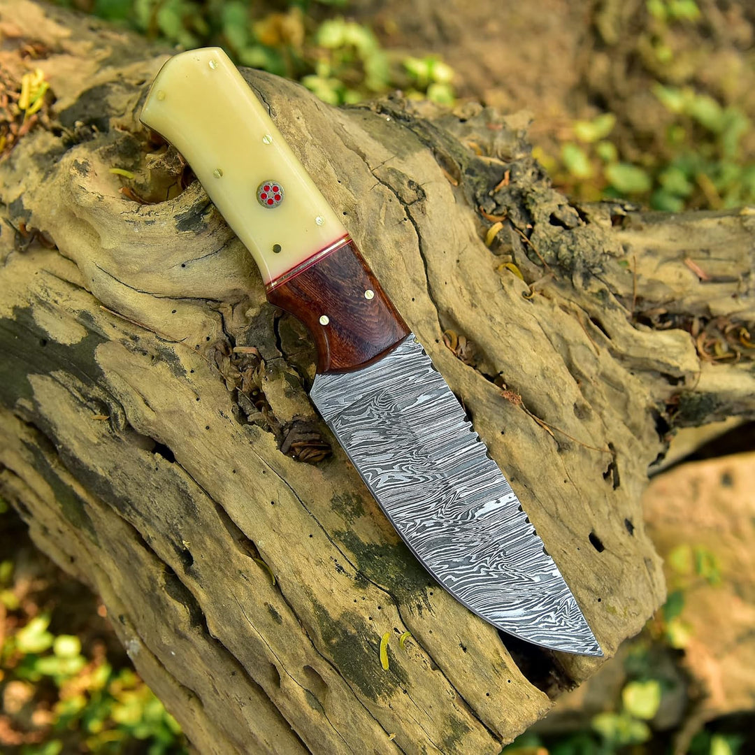 9" Damascus Hunting Knife | Camel Bone and Wood Handle