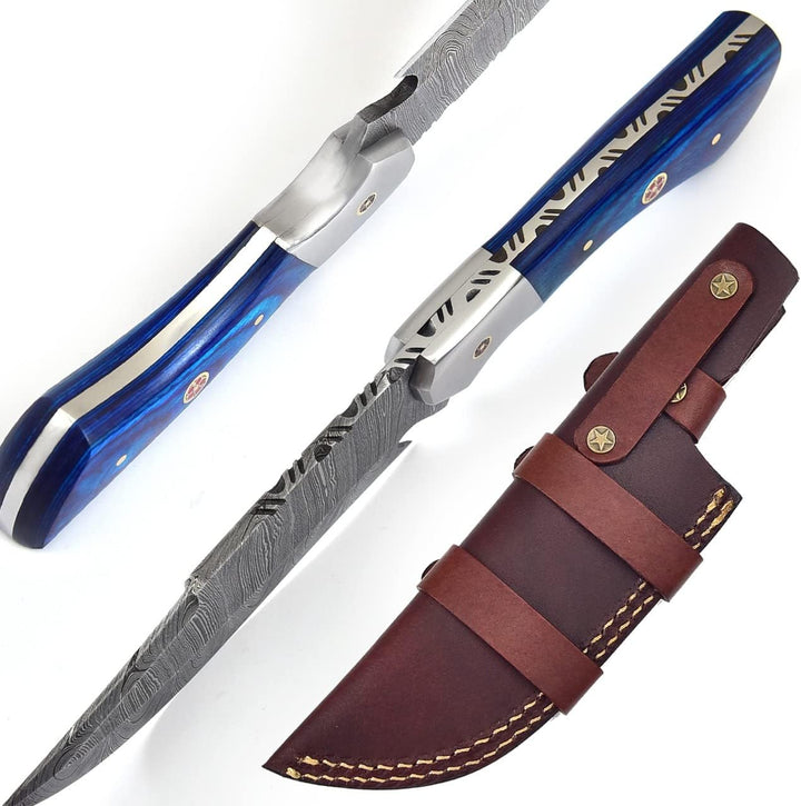 Survival Damascus Knife 9.8" | Blue Wood Handle | Gift for Men
