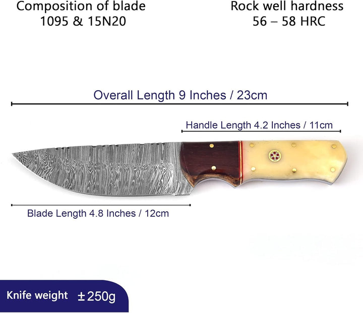 9" Damascus Hunting Knife | Camel Bone and Wood Handle