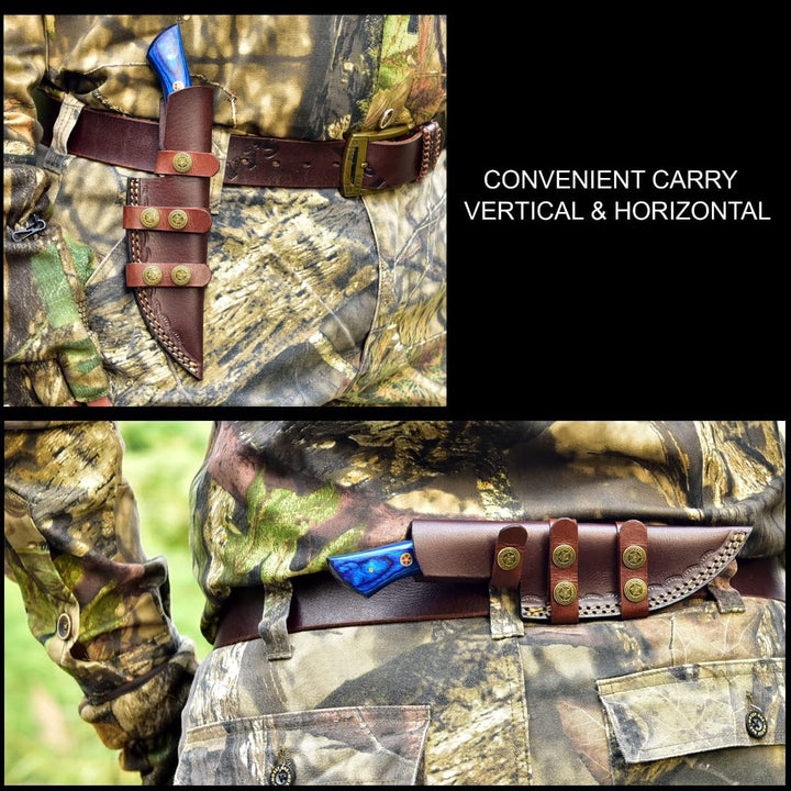 Survival Damascus Knife 9.8" | Blue Wood Handle | Gift for Men