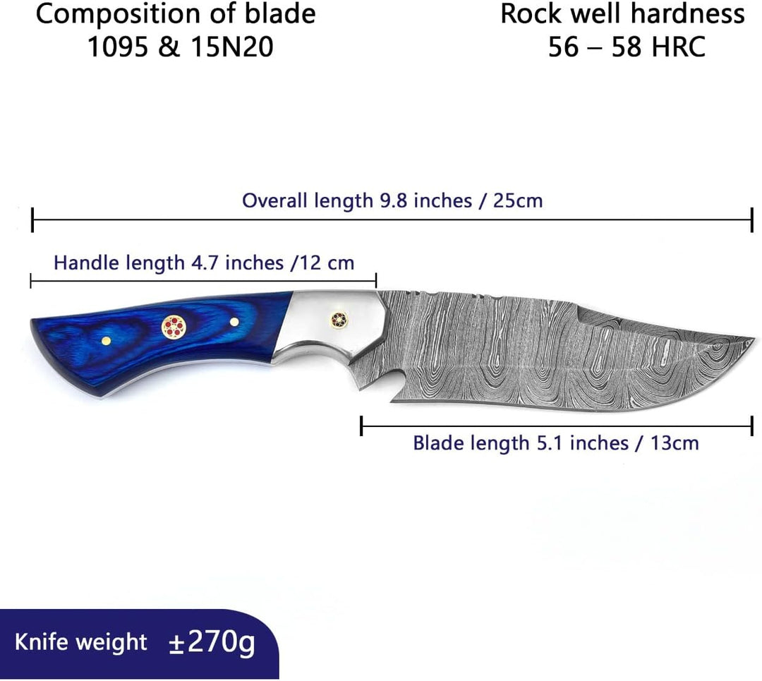 Survival Damascus Knife 9.8" | Blue Wood Handle | Gift for Men