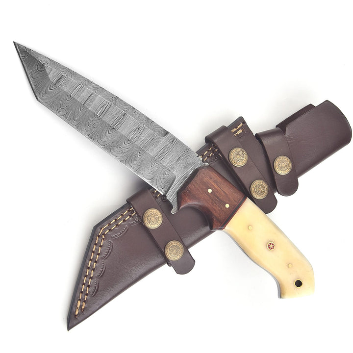 Tanto Knife – 11" Handmade Damascus Steel with Bone & Rosewood Handle