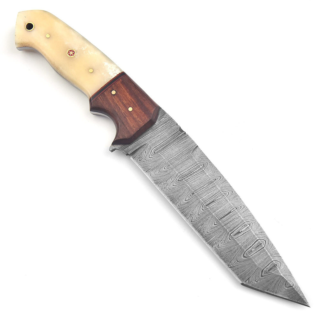 Tanto Knife – 11" Handmade Damascus Steel with Bone & Rosewood Handle